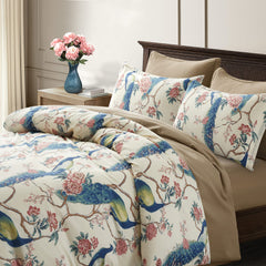 Oriental Garden Peacock Bird Floral Duvet Cover | Yedwo