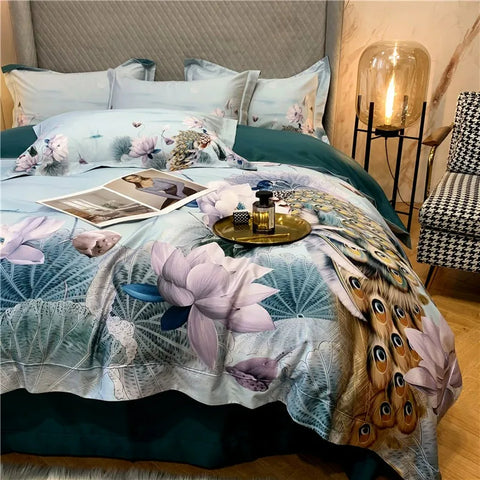 Peacock Lotus Egyptian Cotton Duvet Cover Set | Yedwo Home