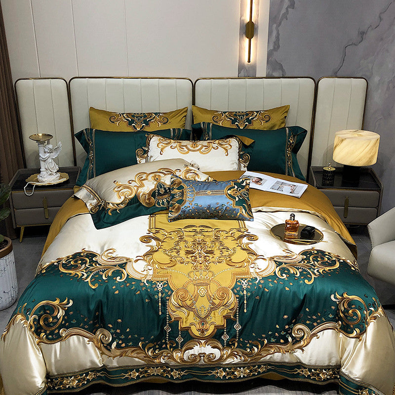 Rosalee Royal Gold And Green Embroidered Egyptian Cotton Duvet Cover Set | Yedwo