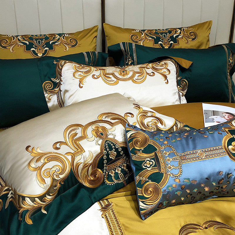Rosalee Royal Gold And Green Embroidered Egyptian Cotton Duvet Cover Set | Yedwo