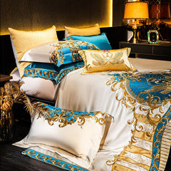 Sweet Swan Royal Gold Embroidered Egyptian Cotton Duvet Cover Set | Yedwo