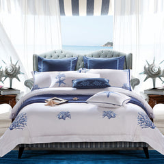 Blue Embroidery White Egyptian Cotton Silky Soft Duvet Cover | Yedwo