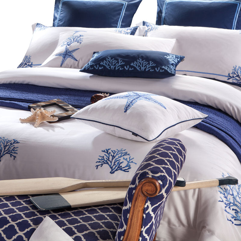 Blue Embroidery White Egyptian Cotton Silky Soft Duvet Cover | Yedwo