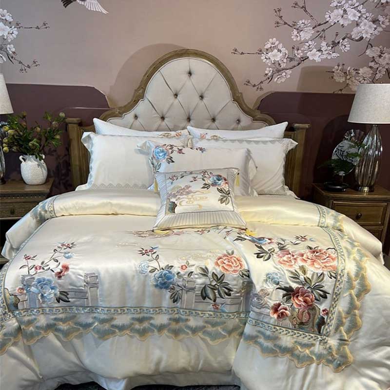 Egyptian Cotton Peony Flowers Embroidered Bedding Set | Yedwo