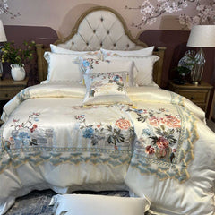 Egyptian Cotton Peony Flowers Embroidered Bedding Set | Yedwo