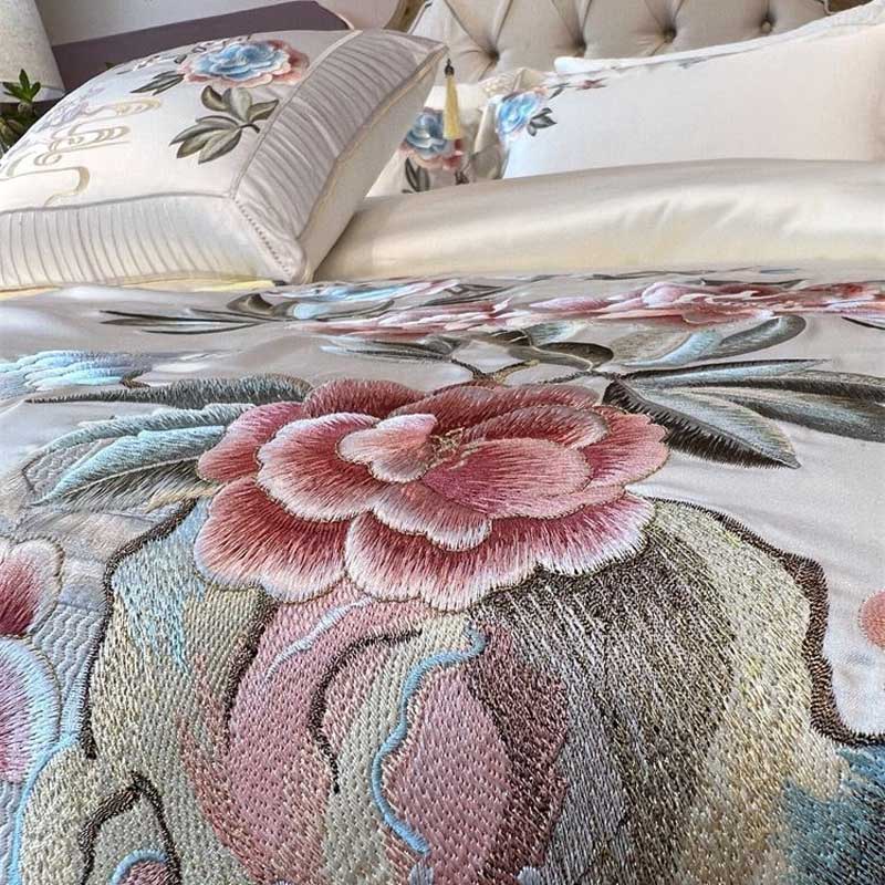 Egyptian Cotton Peony Flowers Embroidered Bedding Set | Yedwo