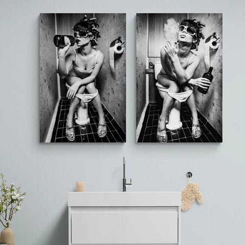 Girl Sitting On Toilet Smoking and Drinking Canvas Wall Art(Bundle Order 2 Canvases)