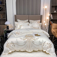 Luxury Gold Feather Embroidery Egyptian Cotton Bedding Set | Yedwo