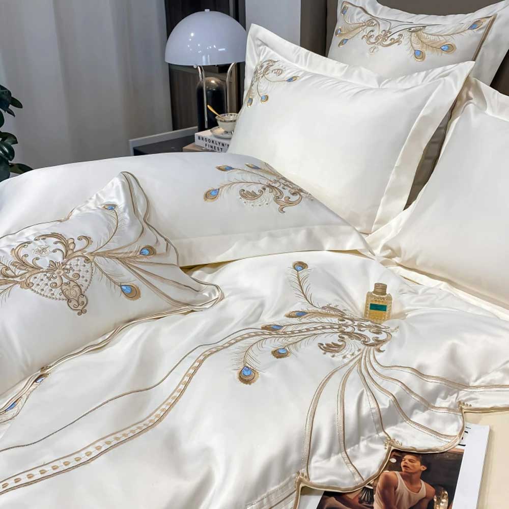 Luxury Gold Feather Embroidery Egyptian Cotton Bedding Set