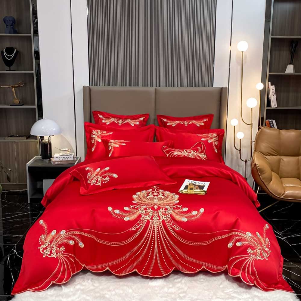 Luxury Gold Feather Embroidery Egyptian Cotton Bedding Set | Yedwo
