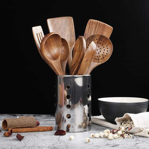 Natural Teak Wooden Non Scratch Utensils for Cooking(Teak 8 Pack) | Yedwo