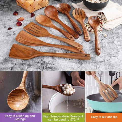 Natural Teak Wooden Non Scratch Utensils for Cooking(Teak 8 Pack) | Yedwo