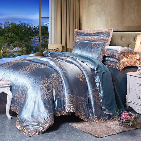 Silver Brown Luxury Satin Cotton Lace Bedding Sets | Yedwo