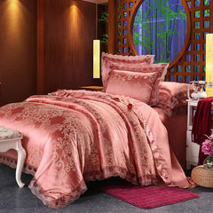 Silver Brown Luxury Satin Cotton Lace Bedding Sets | Yedwo