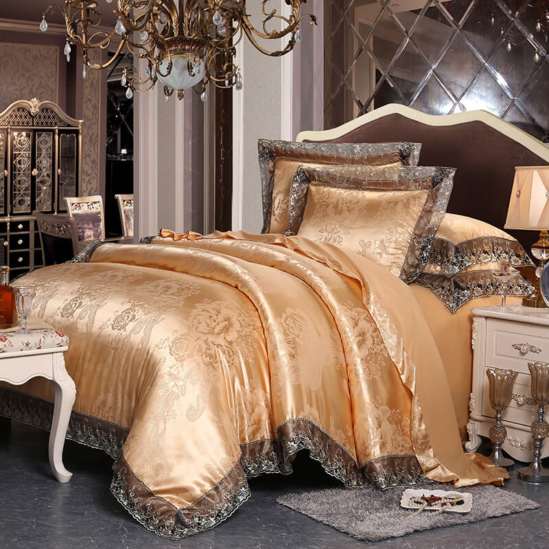 Silver Brown Luxury Satin Cotton Lace Bedding Sets | Yedwo