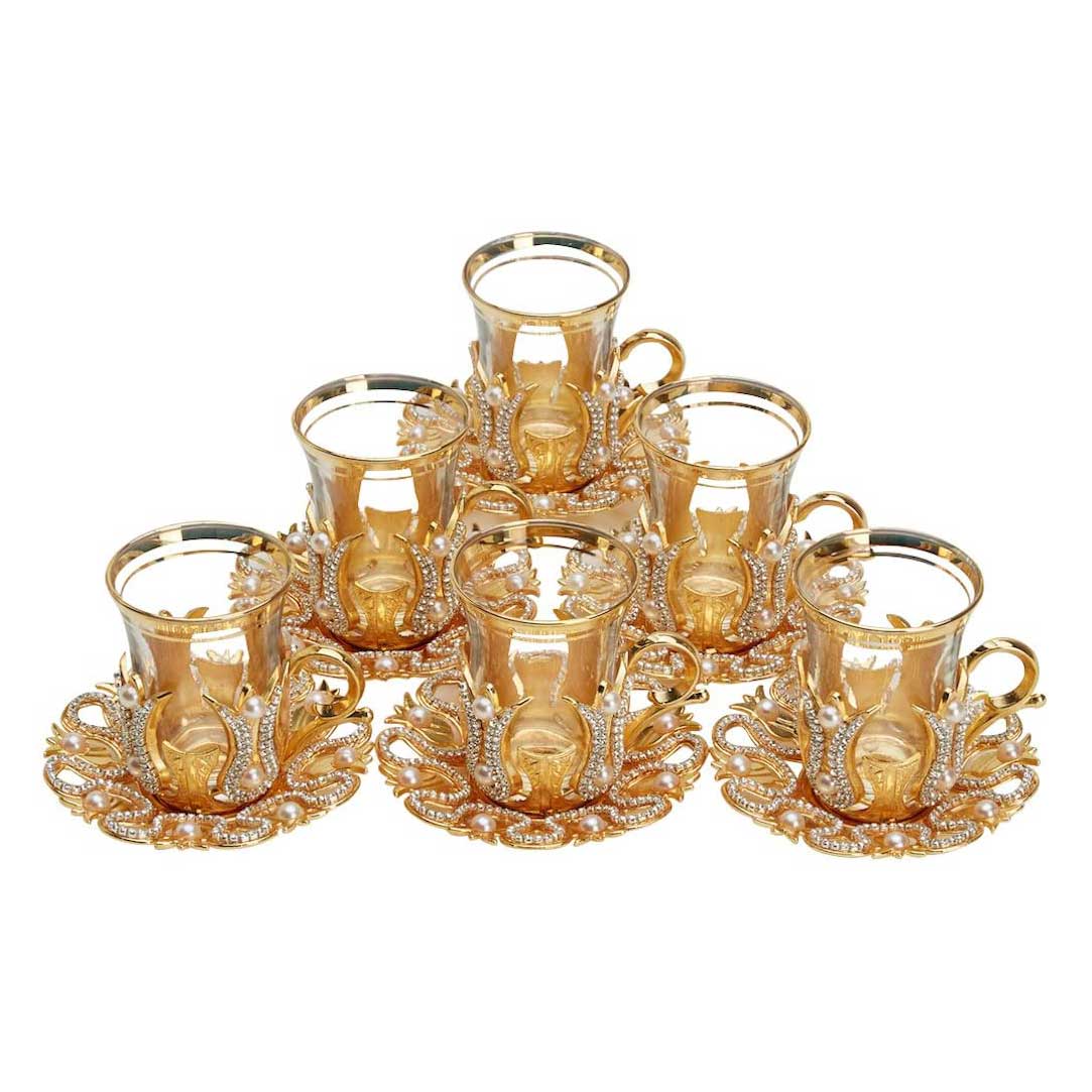 Turkish Tea Glasses Set with Saucers Holders Spoons & Tray(Set of 6) | Yedwo