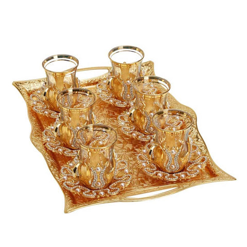Turkish Tea Glasses Set with Saucers Holders Spoons & Tray(Set of 6) | Yedwo