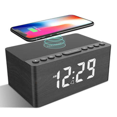 Wooden Digital Alarm Clock FM Radio,10W Fast Wireless Charger Station