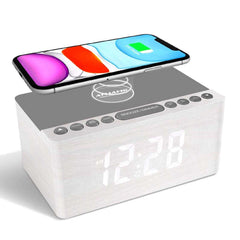 Wooden Digital Alarm Clock FM Radio,10W Fast Wireless Charger Station