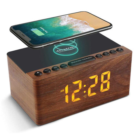 Wooden Digital Alarm Clock FM Radio,10W Fast Wireless Charger Station